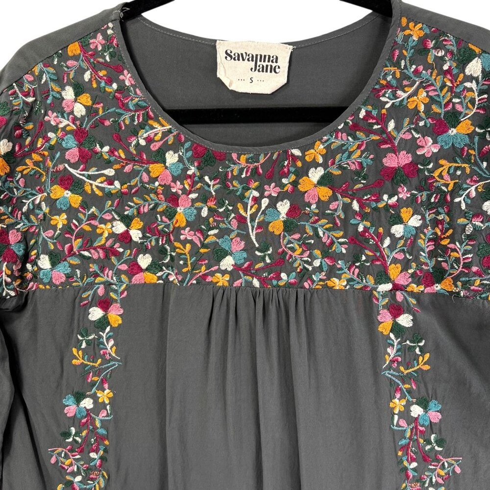 Savanna Jane Embroidered Shirt Floral Rayon S Green Long Sleeve Boho Peasant
